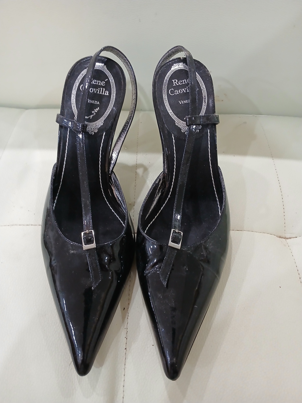 Rene Caovilla Black Patent Pointed T-Strap Slingback Heels
